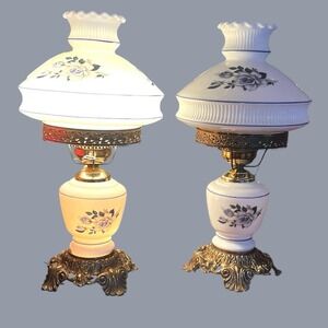 Gone With The Wind Double Globe Hurricane Lamps Pair Milk Glass Blue Roses 20"